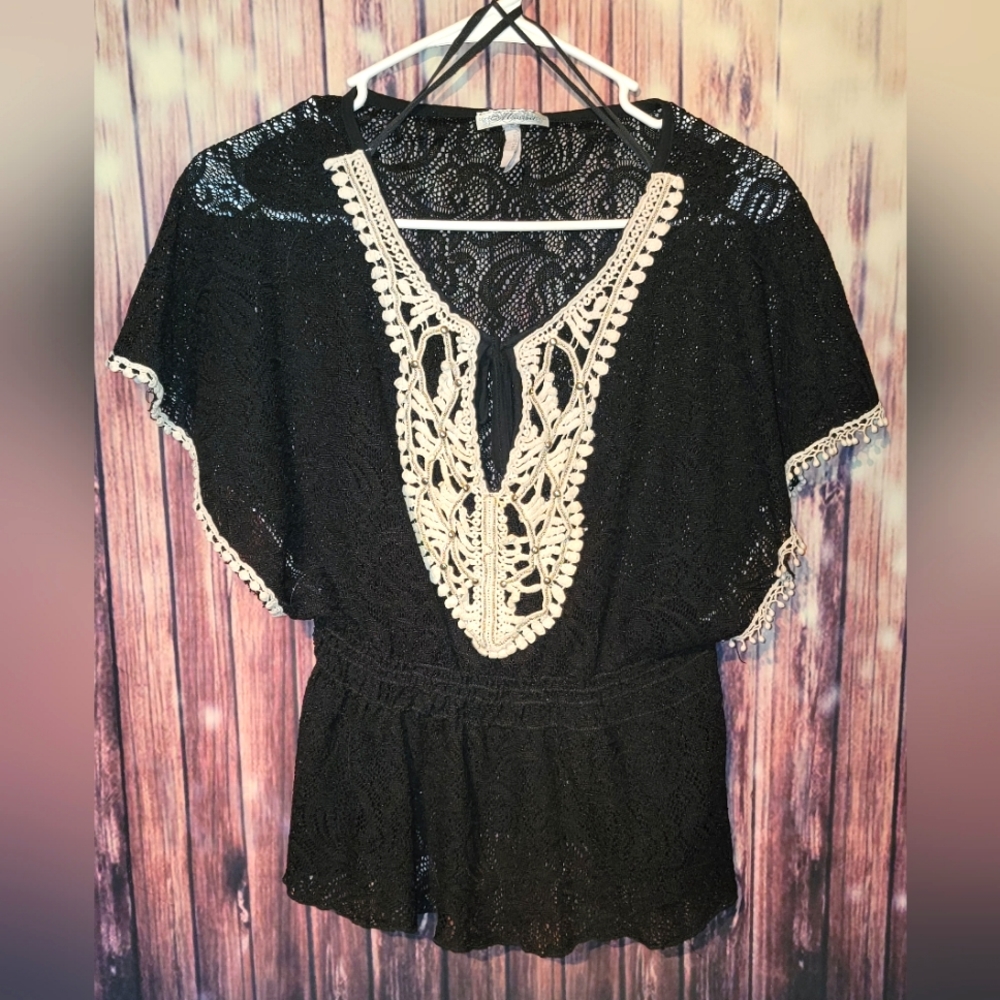 Minime - Size Small - Sheer Black Lace Top with Crochet/Bead Detailing - EUC